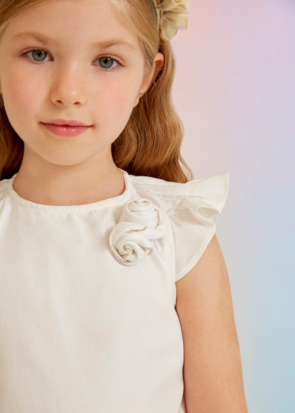 Blusa Abel & Lula Bianca in Cotone con Volant e Fiore Applicato 