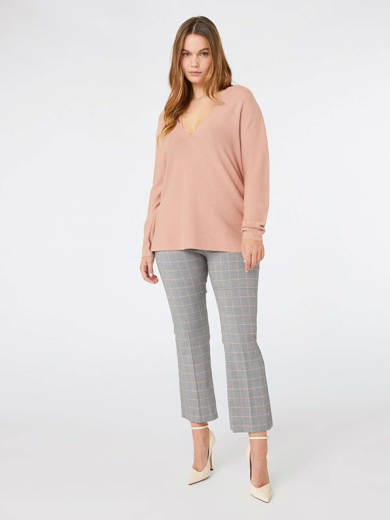 Pantaloni Kick Flare in Tela Stretch Principe di Galles 
