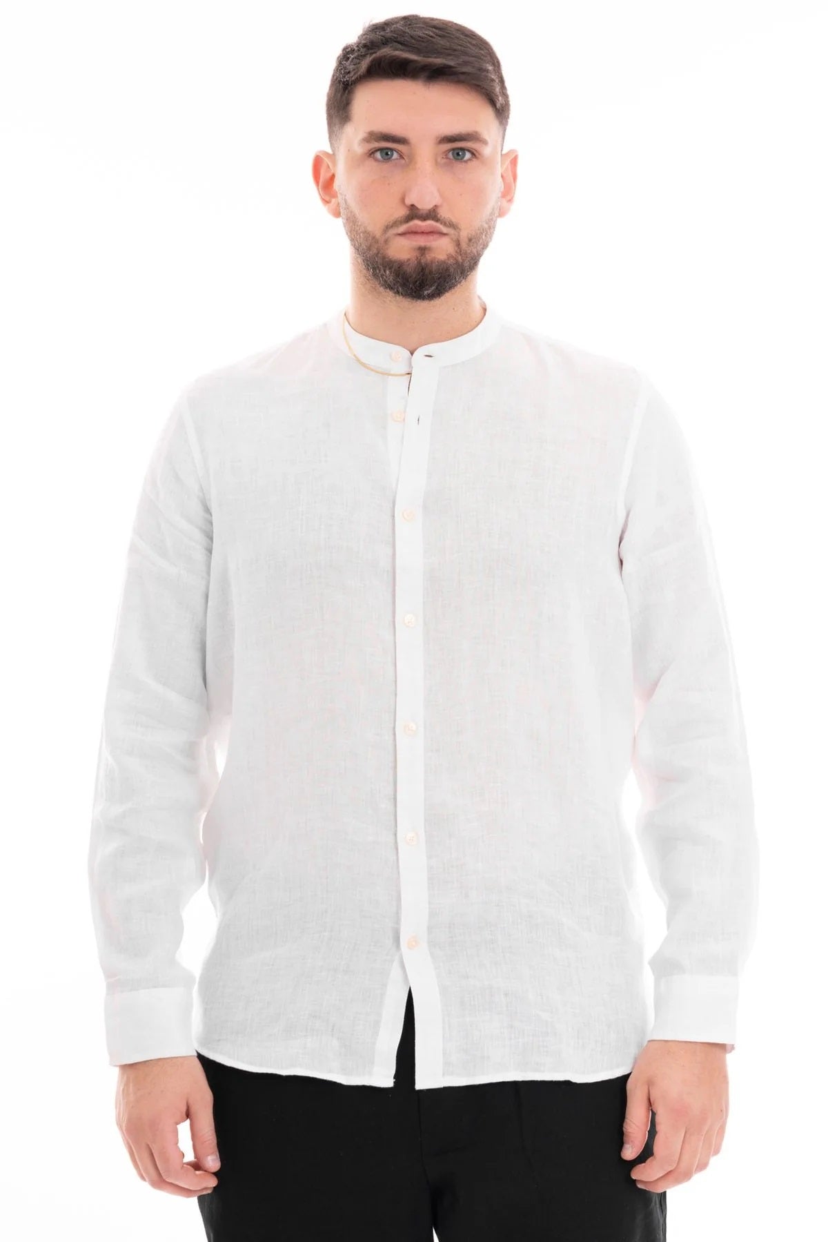 Camicia Bianca con Collo Coreana in 100% Lino a Maniche Lunghe 