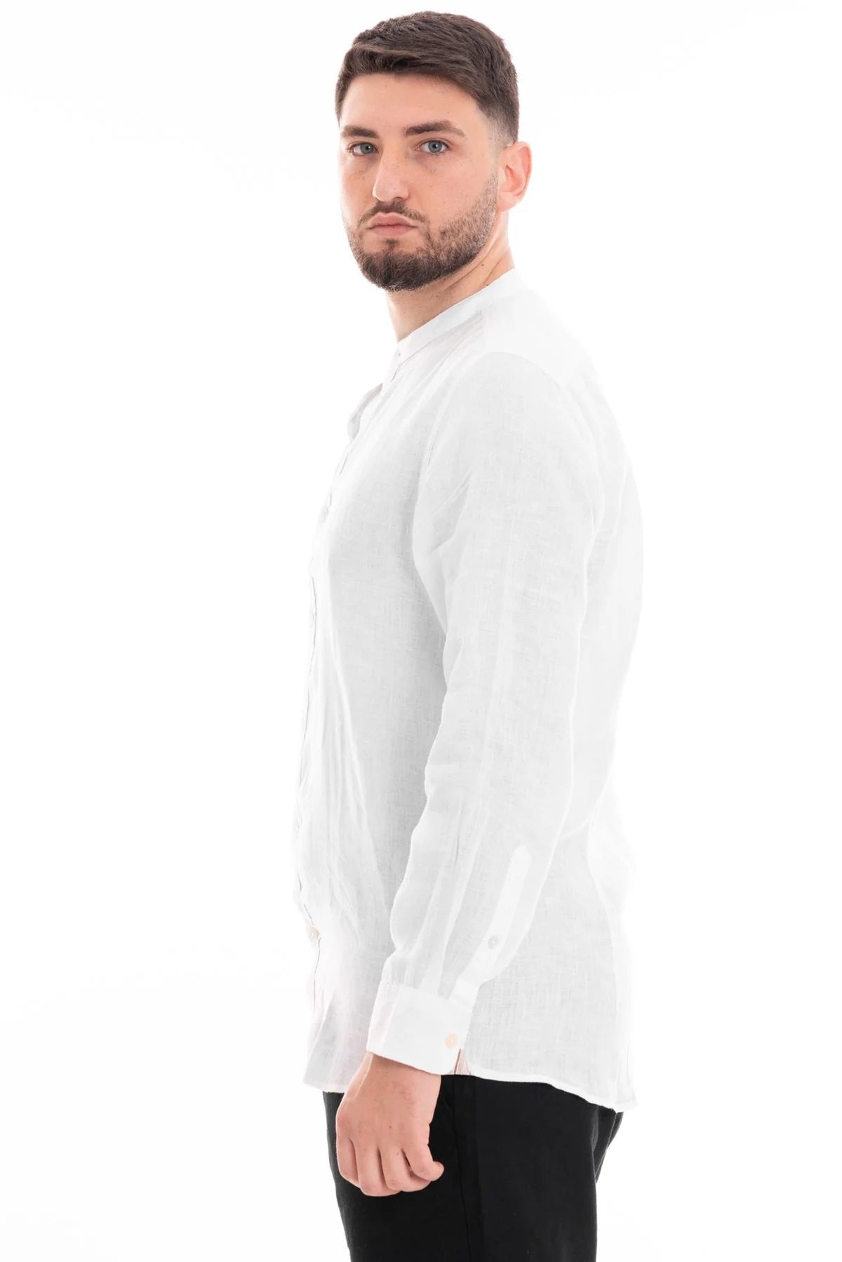 Camicia Bianca con Collo Coreana in 100% Lino a Maniche Lunghe 