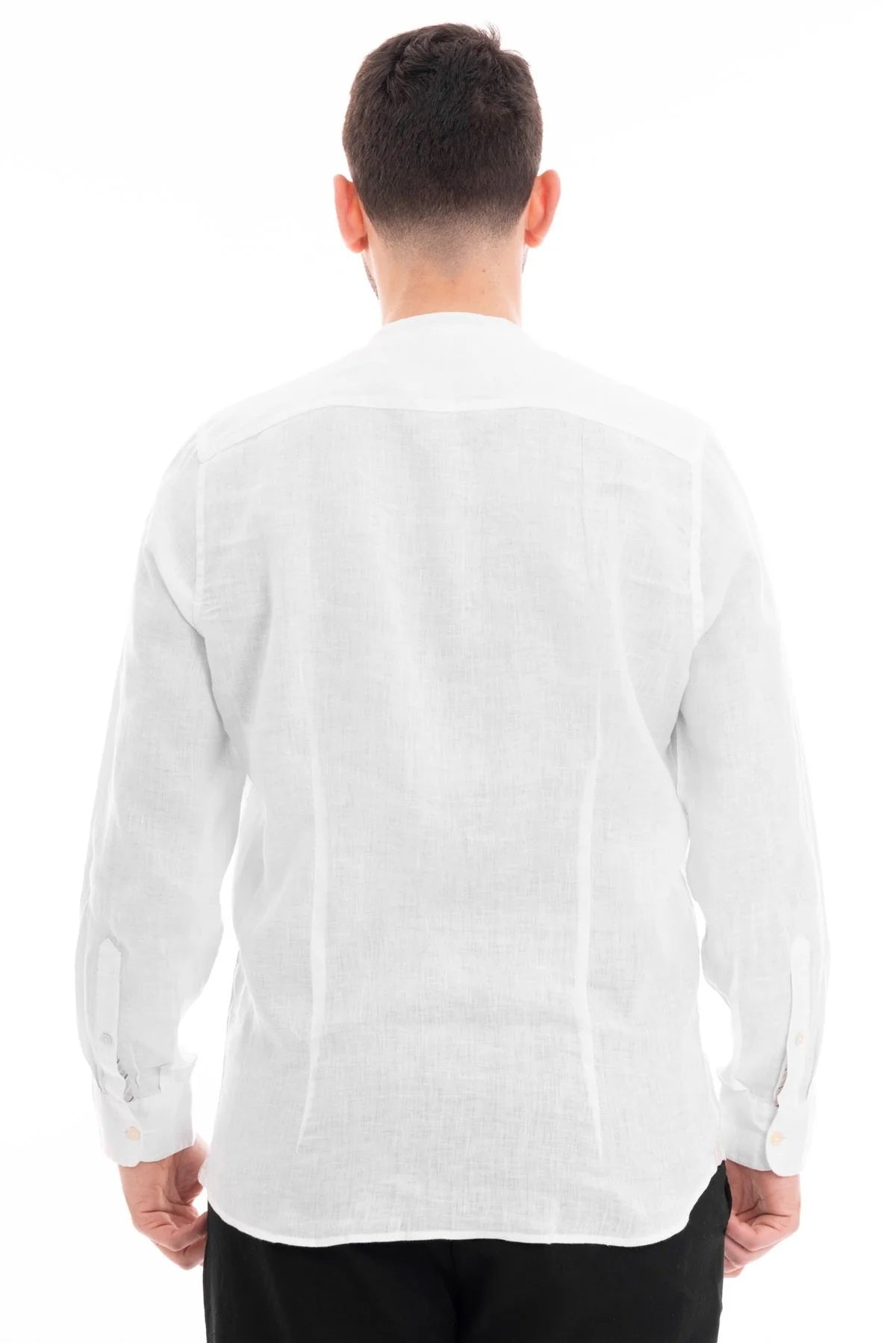 Camicia Bianca con Collo Coreana in 100% Lino a Maniche Lunghe 