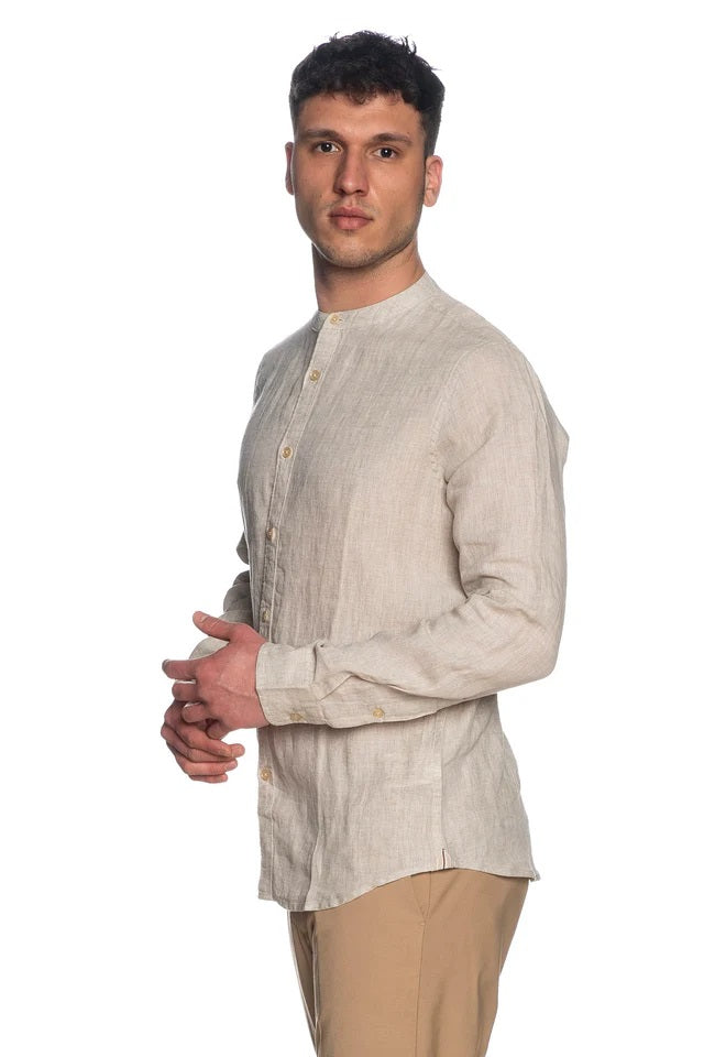 Camicia beige corda con Collo Coreana in 100% Lino 