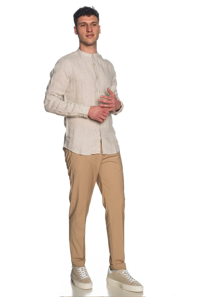 Camicia beige corda con Collo Coreana in 100% Lino 
