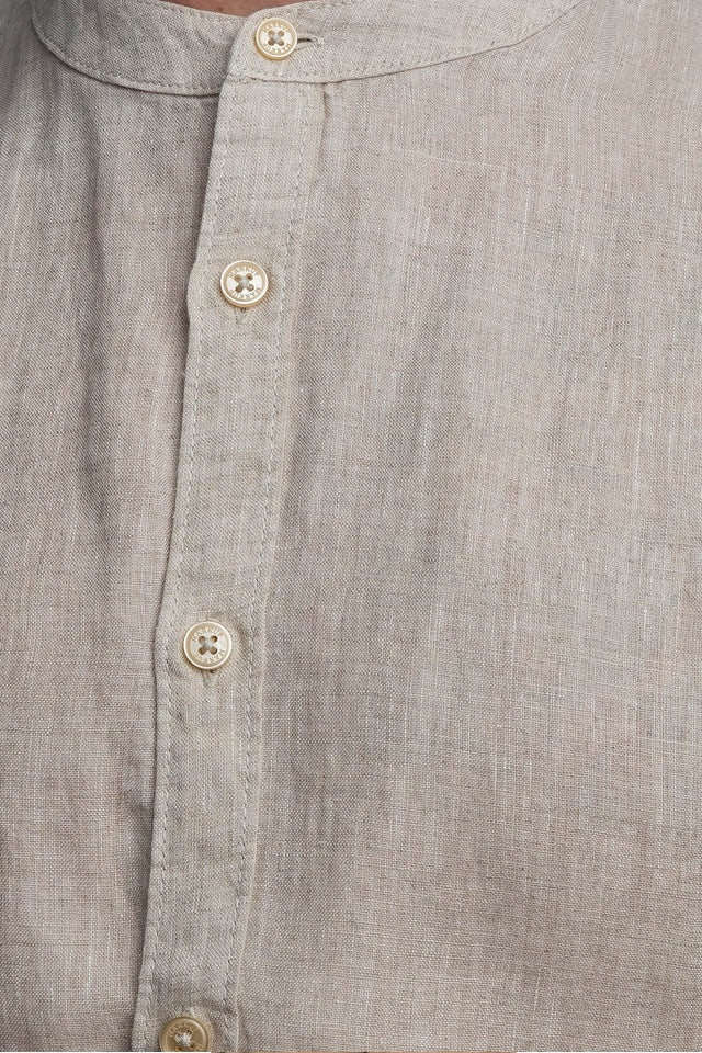 Camicia beige corda con Collo Coreana in 100% Lino 