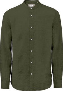Camicia verde militare con Collo Coreana in 100% Lino 