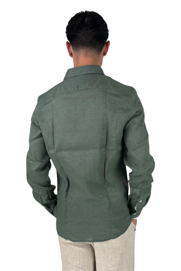 Camicia verde militare da uomo in puro lino con collo italiano 