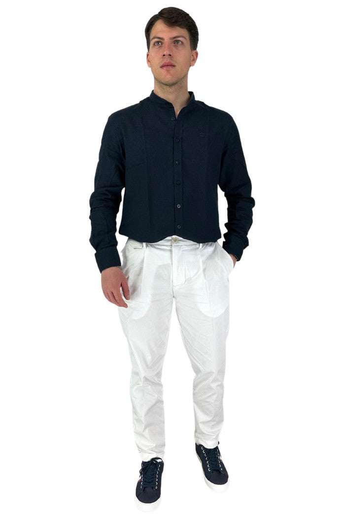 Pantaloni Bianchi in Misto Cotone con Pences e Risvolti Slim Fit 