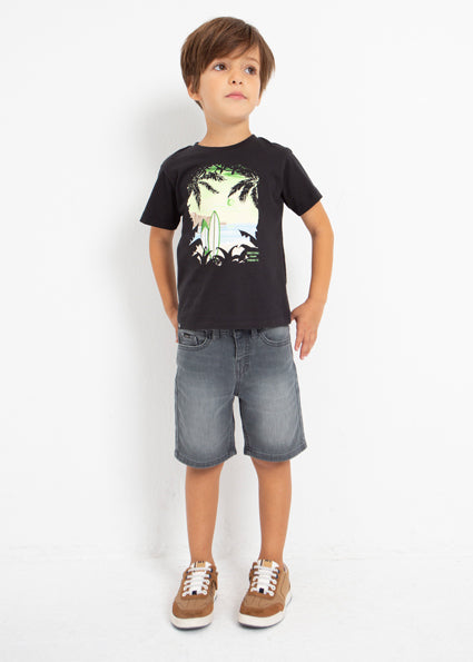 T-shirt Bambino Nera con Stampa Surf al Tramonto 