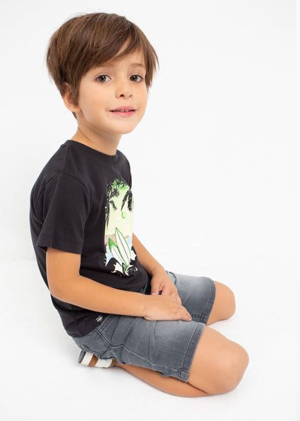 T-shirt Bambino Nera con Stampa Surf al Tramonto 