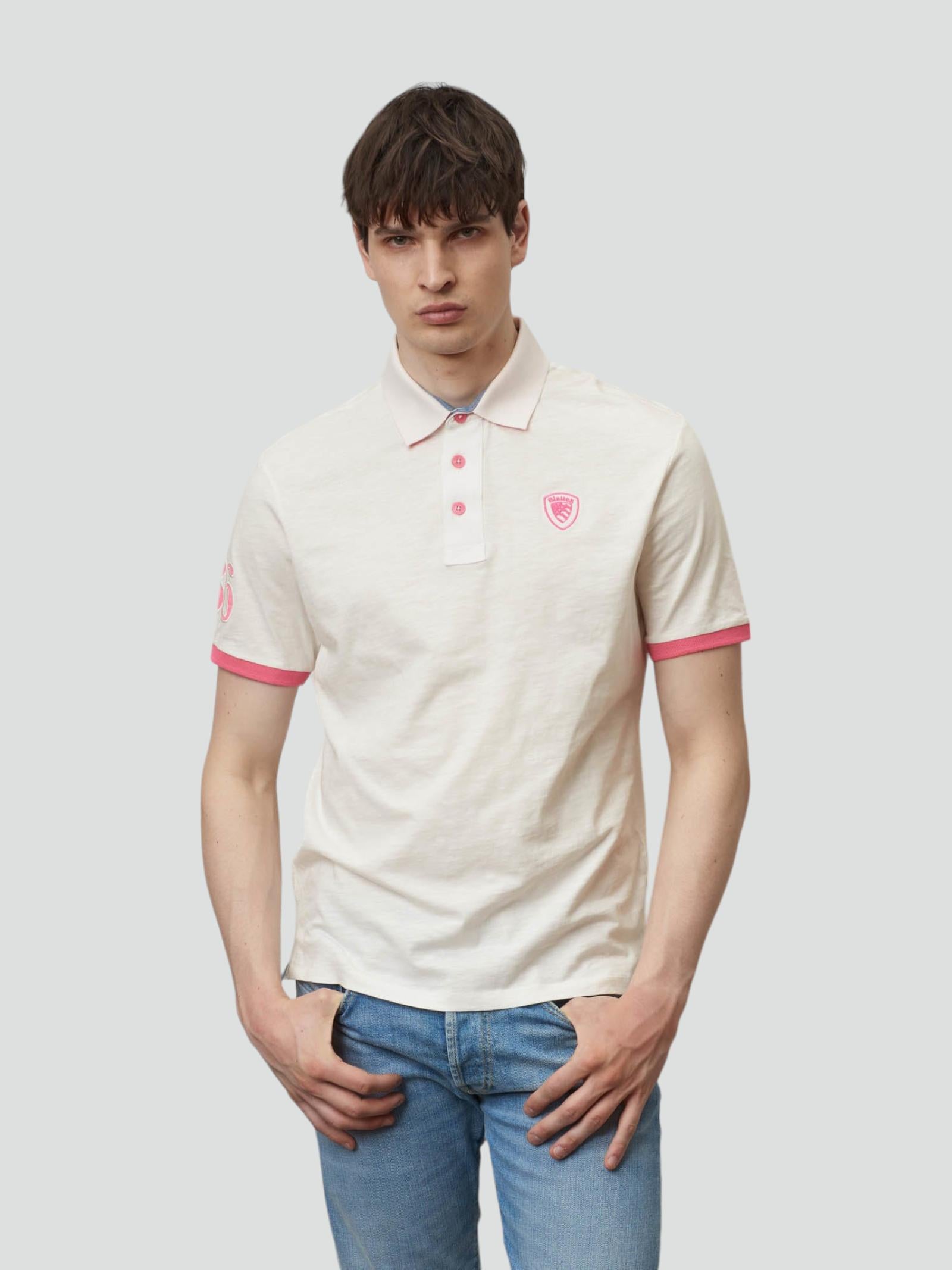 Polo Uomo Bianco in Cotone Fiammato con Dettagli Rosa a Contrasto 
