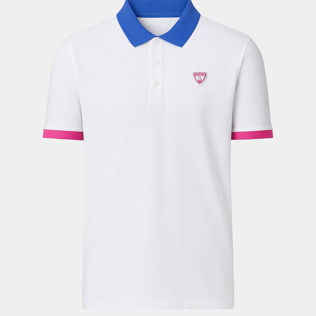 Polo Uomo Bianca con Colletto Blu e Dettagli Rosa a Contrasto 