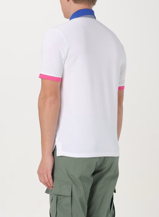 Polo Uomo Bianca con Colletto Blu e Dettagli Rosa a Contrasto 