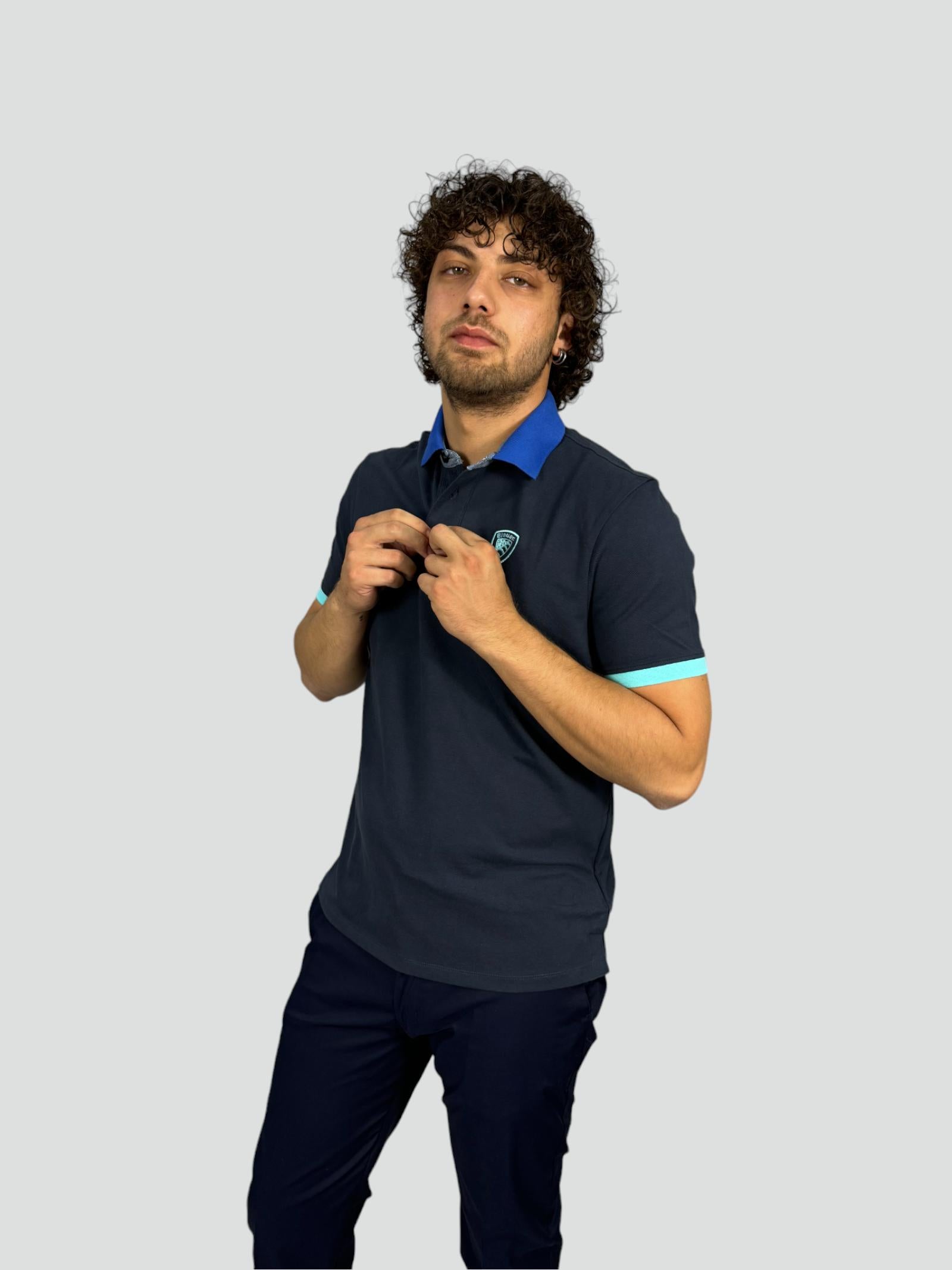 Polo Uomo Blu con Colletto e Maniche a Contrasto 