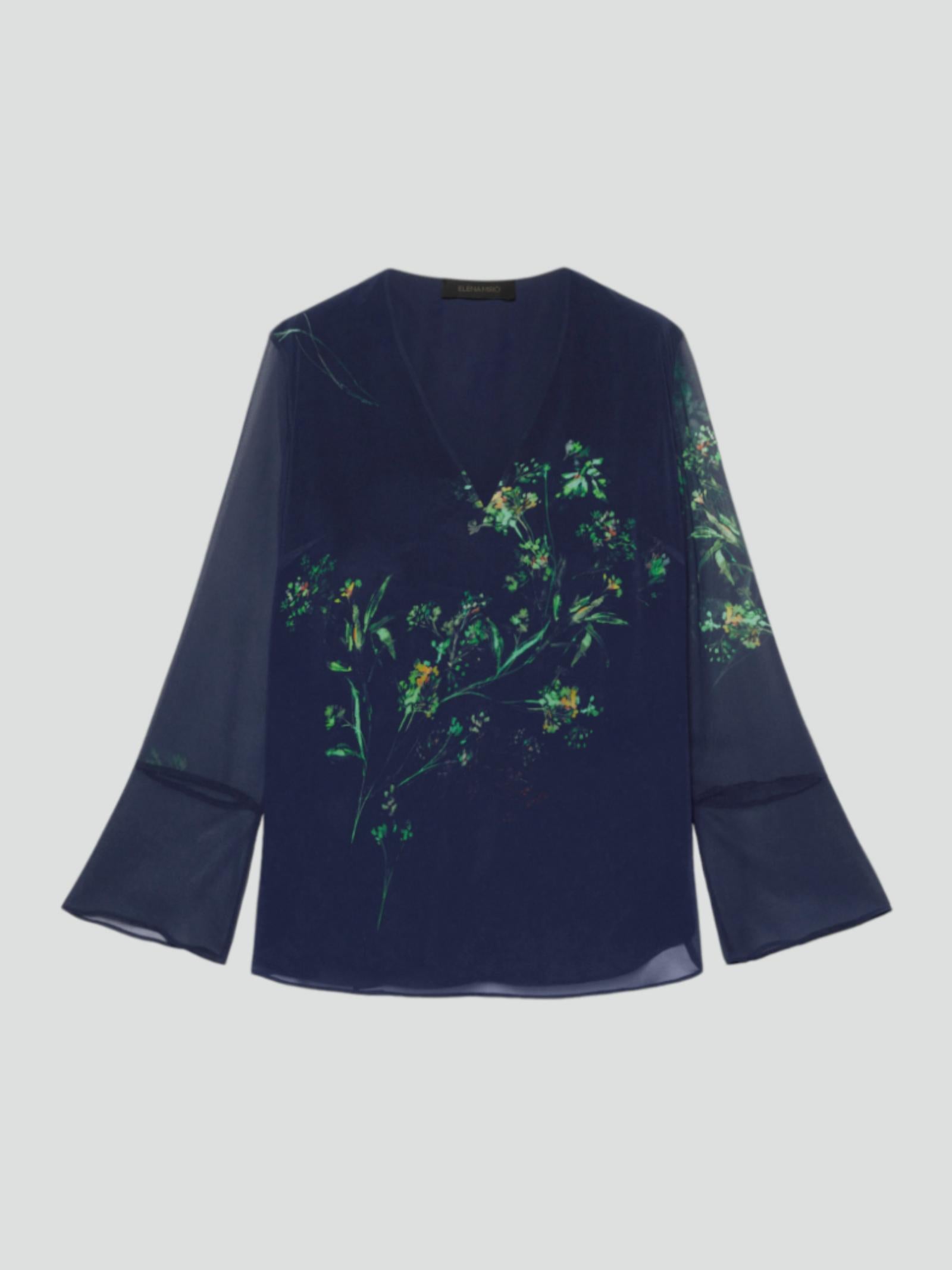 Blusa in Georgette con Scollatura a Cuore e Maniche a Corolla 