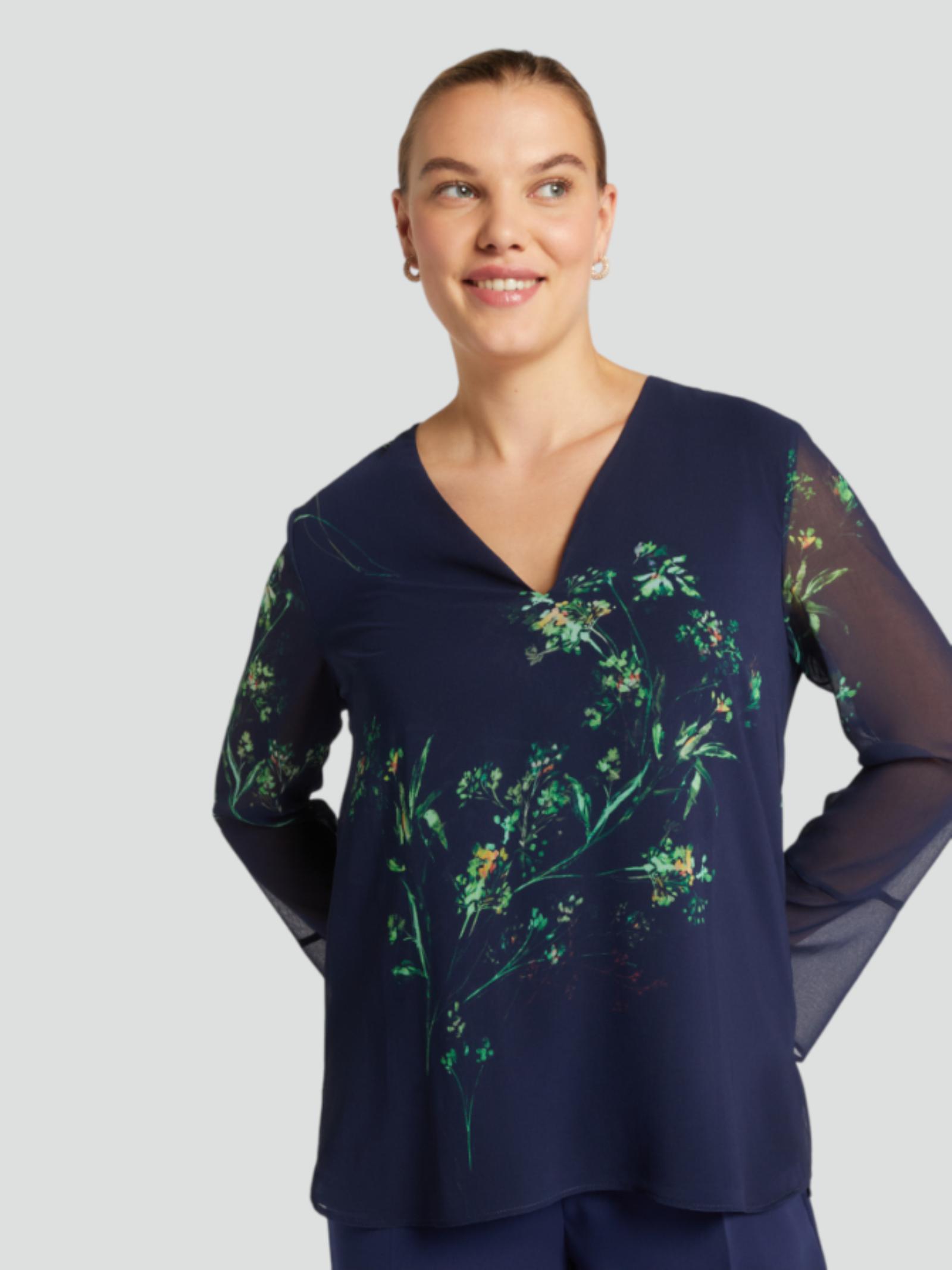 Blusa in Georgette con Scollatura a Cuore e Maniche a Corolla 