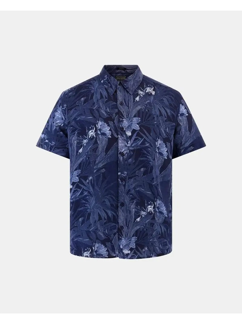 Camicia Uomo "Etched Tropical" Blu con Stampa Floreale e Collo a V 