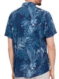 Camicia Uomo "Etched Tropical" Blu con Stampa Floreale e Collo a V 