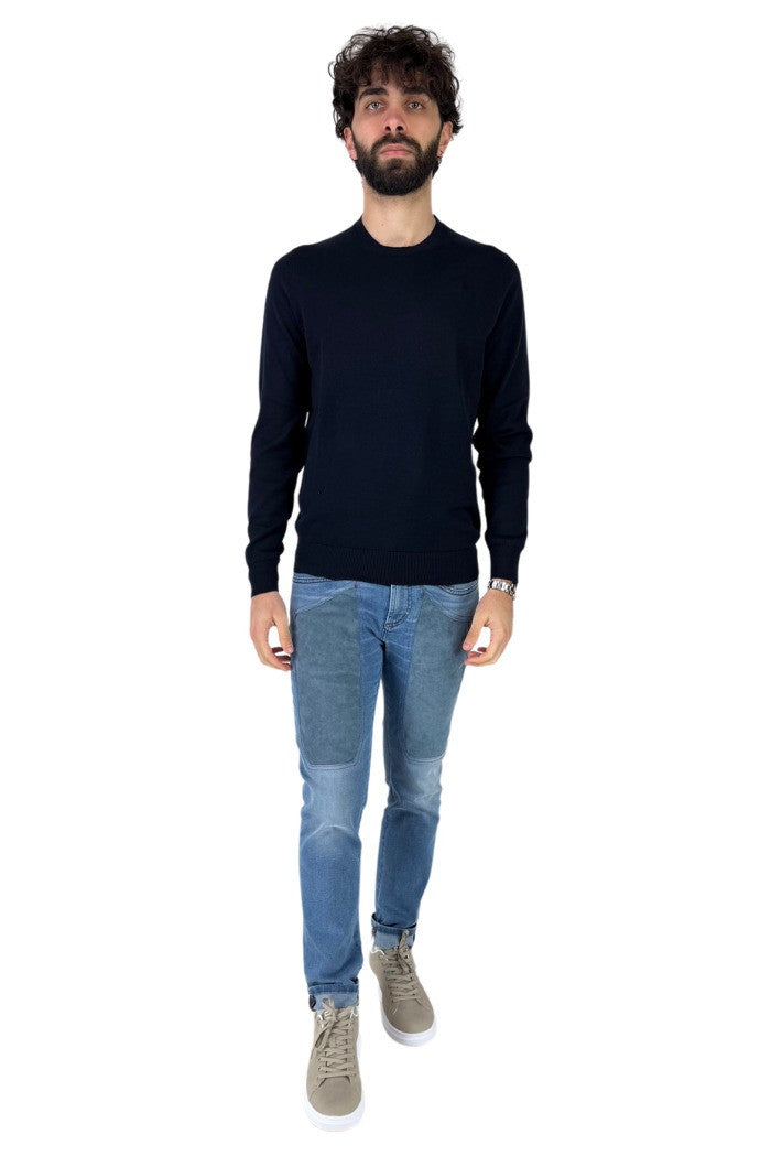 Maglia Girocollo Blu Navy in Cotone Filo 12 a Maniche Lunghe 