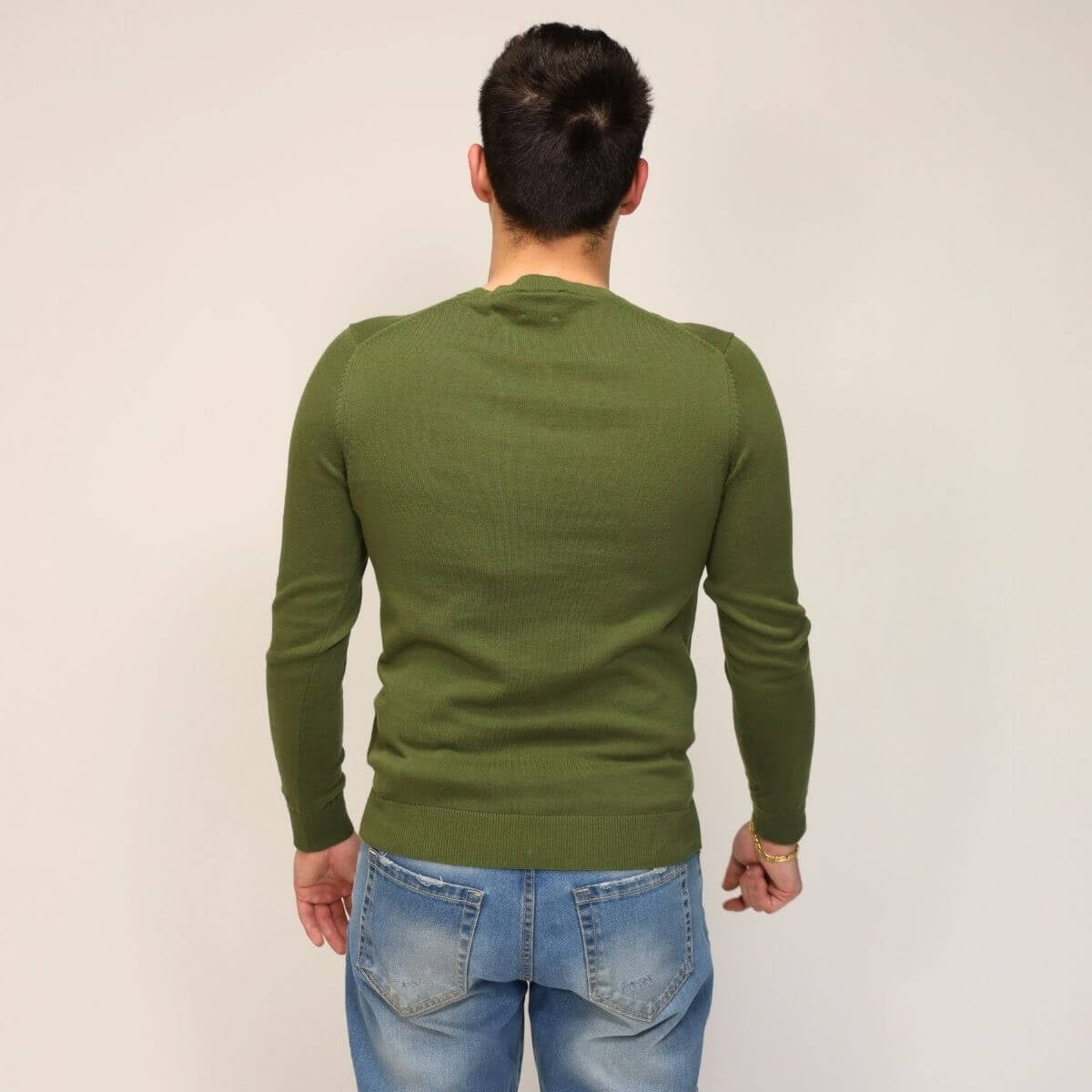 Maglia Girocollo verde militare in Cotone Filo 12 a Maniche Lunghe 