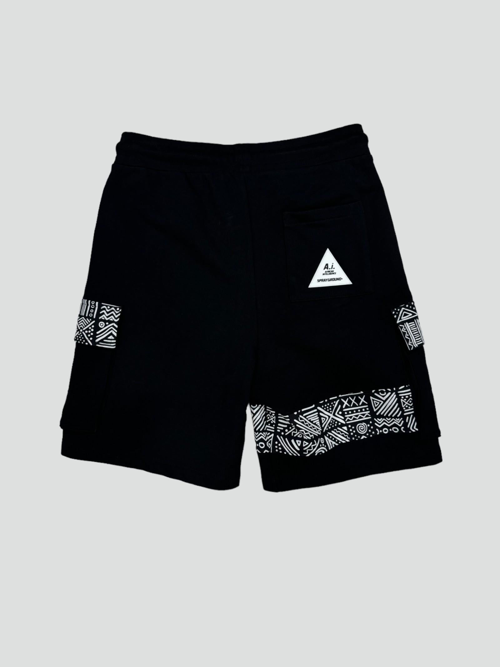 Bermuda "A.I. Couture Cargo Shorts" Neri con Inserti Tribal bianchi 