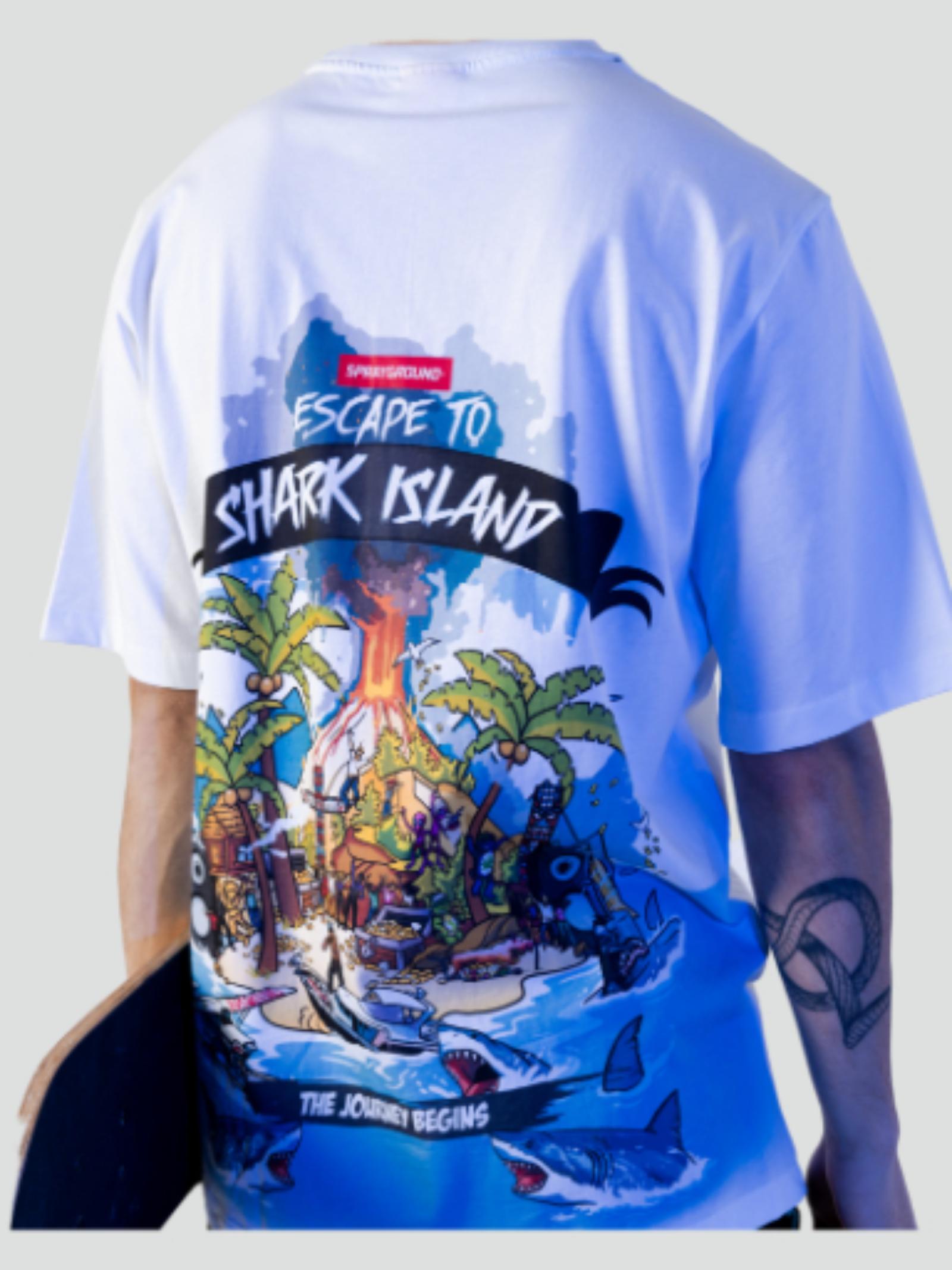 T-shirt Bianca con Squalo e Logo Sprayground Stampato 