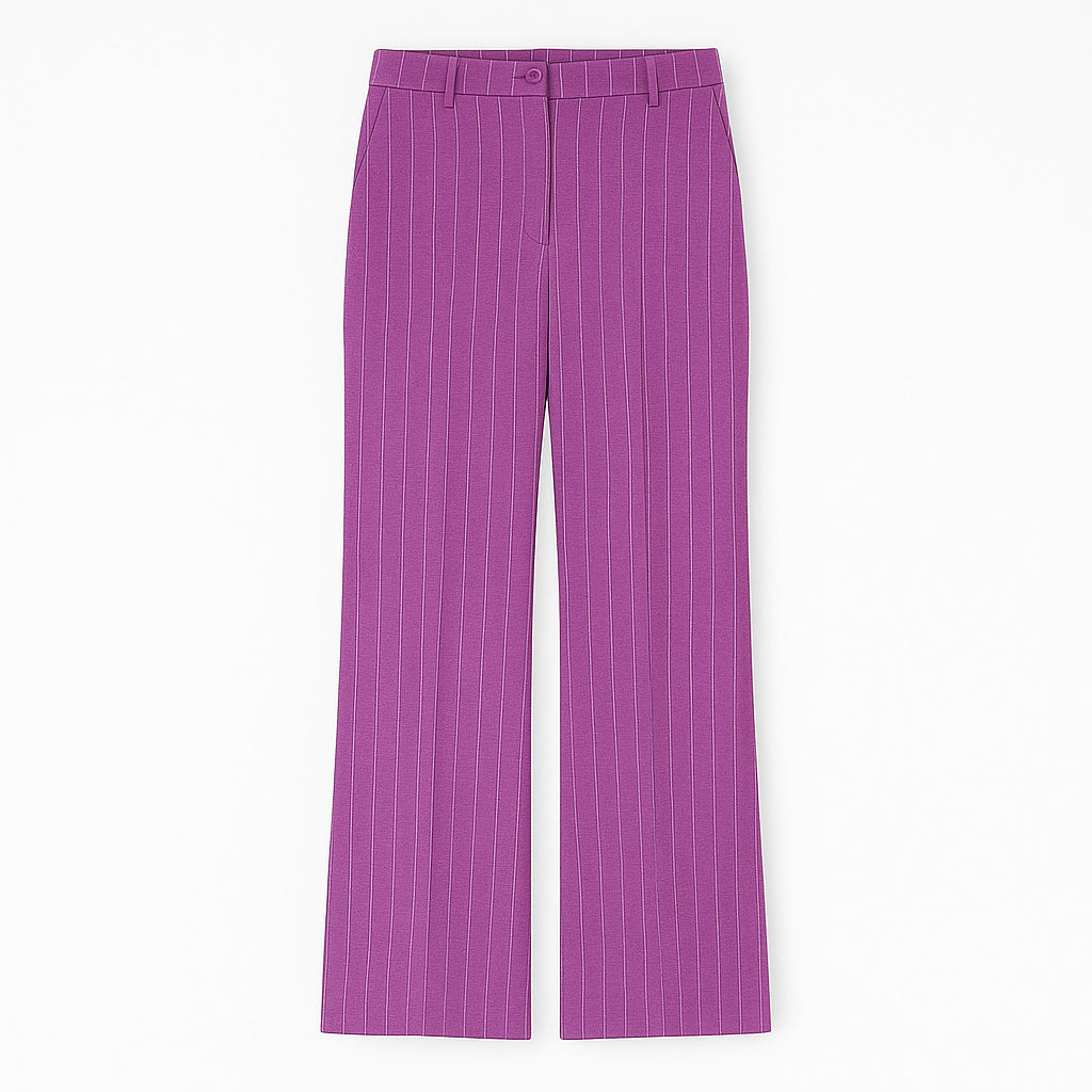 Pantalone "Agra" Gessato Ciclamino con Fit Dritto e Risvolto al Fondo 