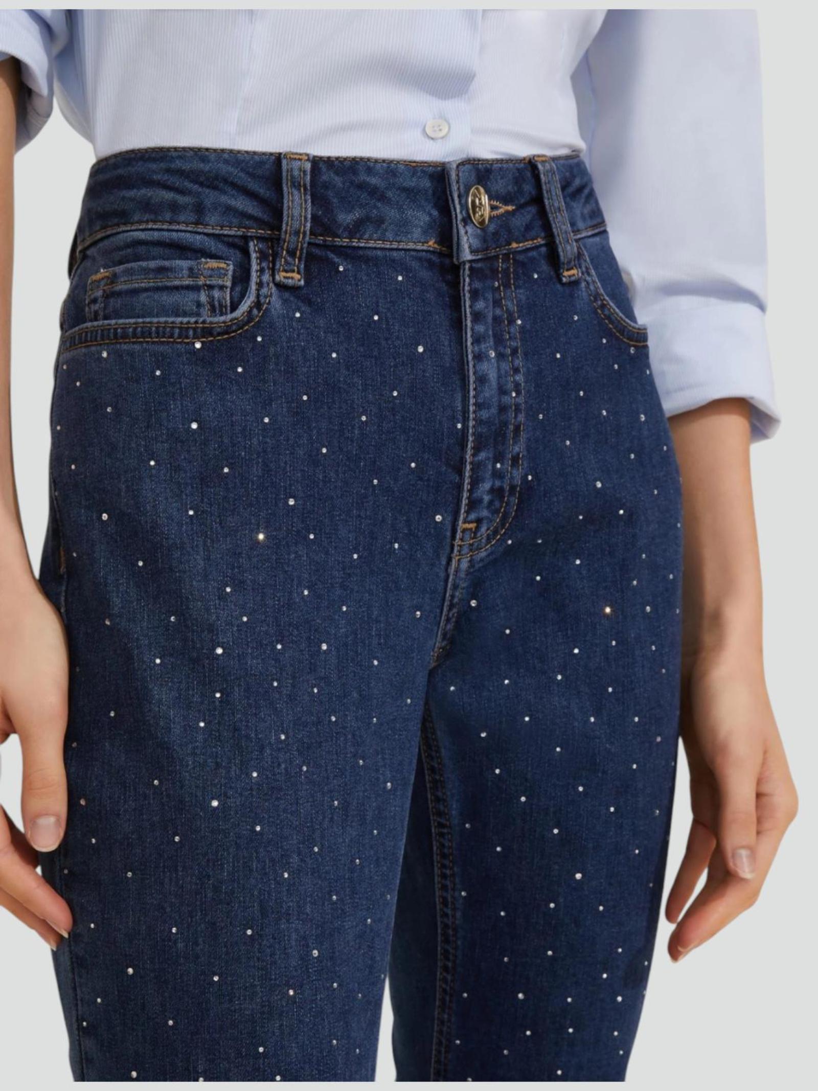 Jeans "Ibisco Bis" Slim Flare Cropped con Cristalli Applicati 