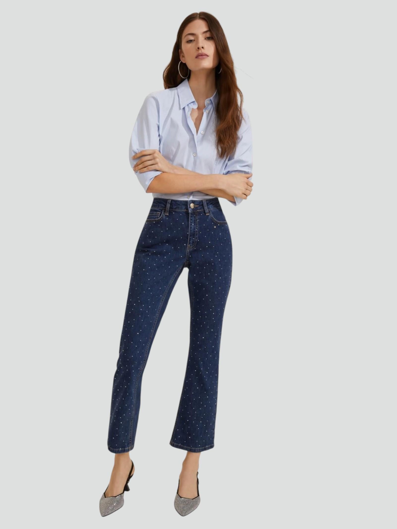 Jeans "Ibisco Bis" Slim Flare Cropped con Cristalli Applicati 