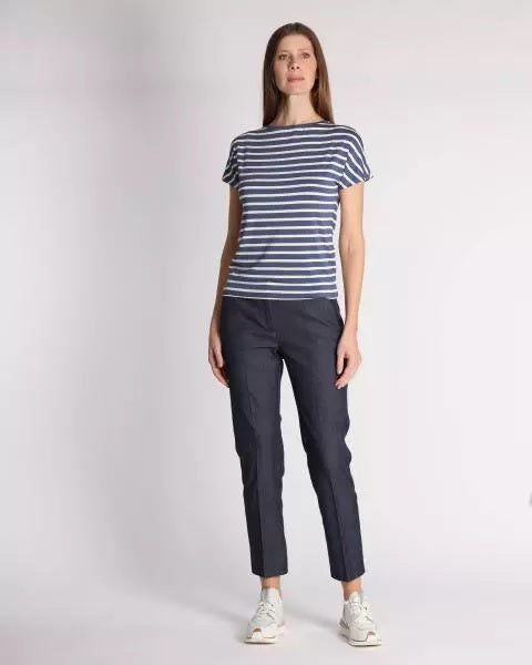 Pantalone Dritto "Siesta"  in Bull di Cotone e Viscosa Stretch Blu 