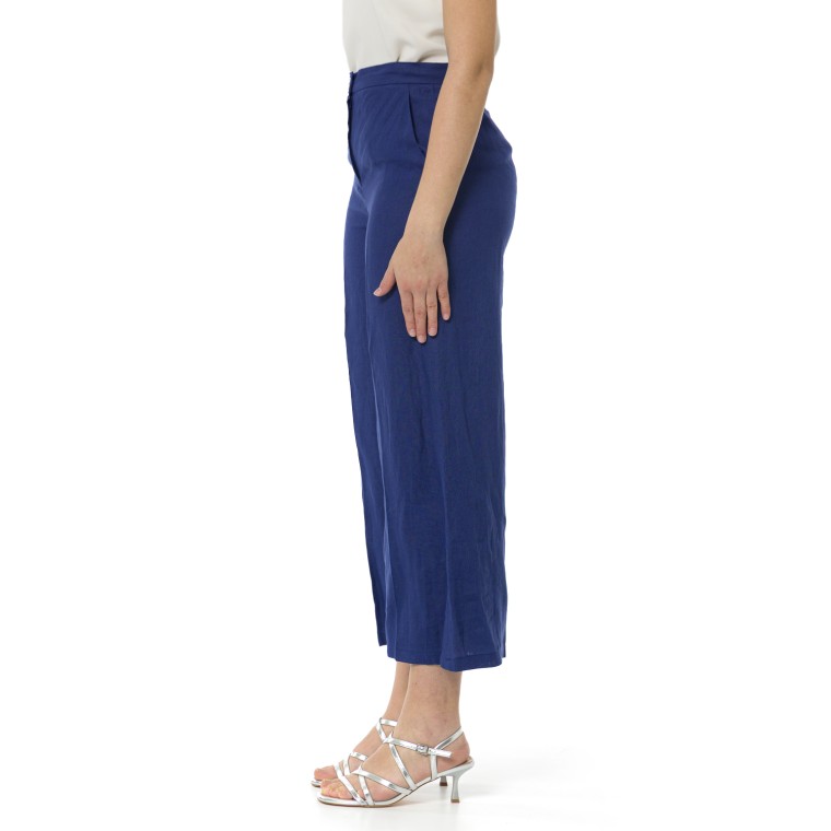 Pantalone Ampio in Lino Blu "Silvana" con Pieghe Stirate 