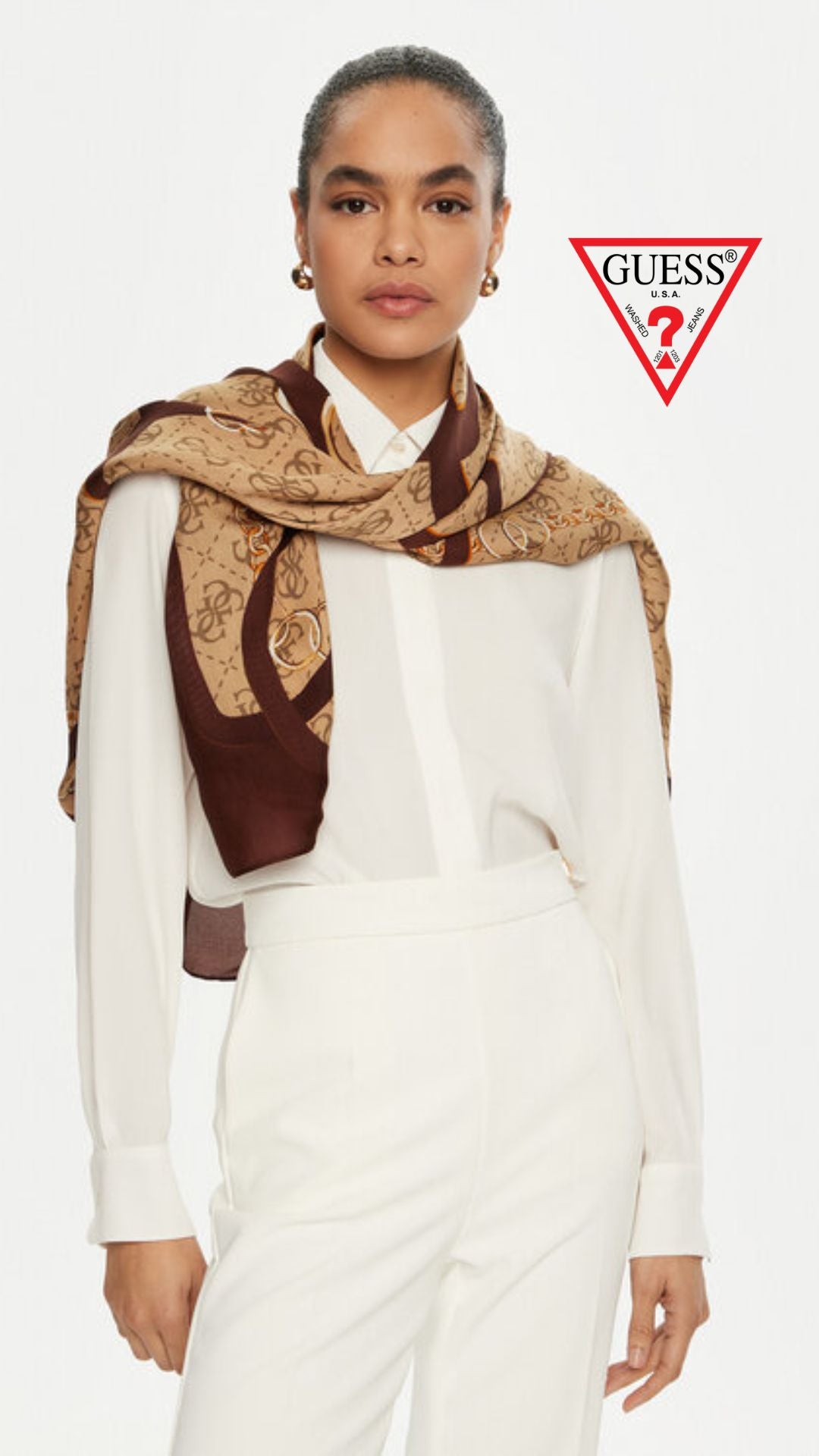 Sciarpa Logo Guess 4G Beige con Catene 