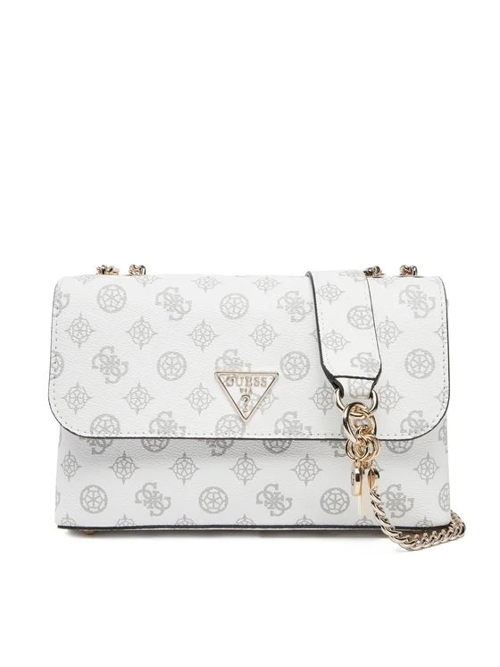 Borsa a tracolla  bianca con stampa logo all-over e catena dorata 