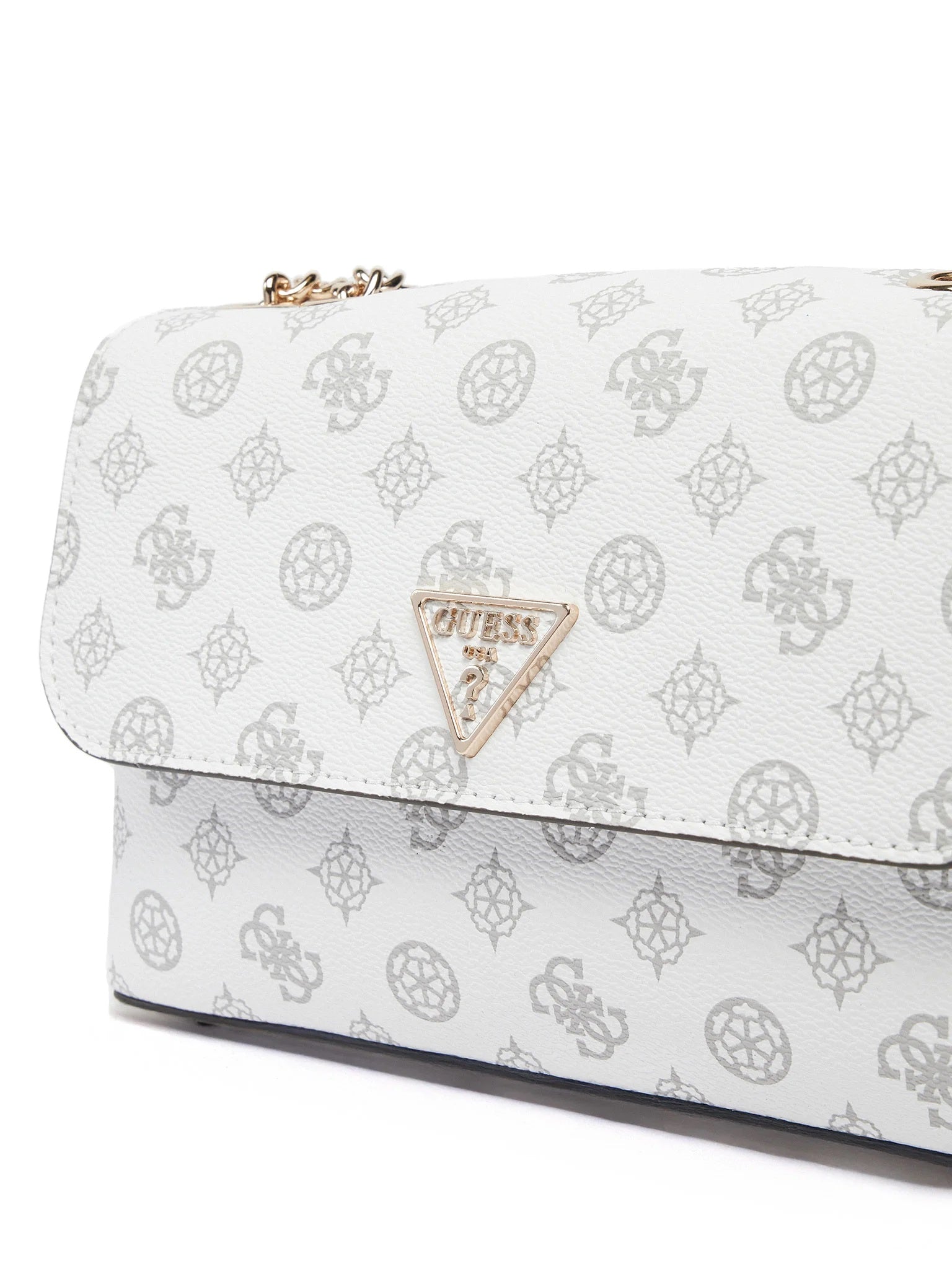 Borsa a tracolla  bianca con stampa logo all-over e catena dorata 