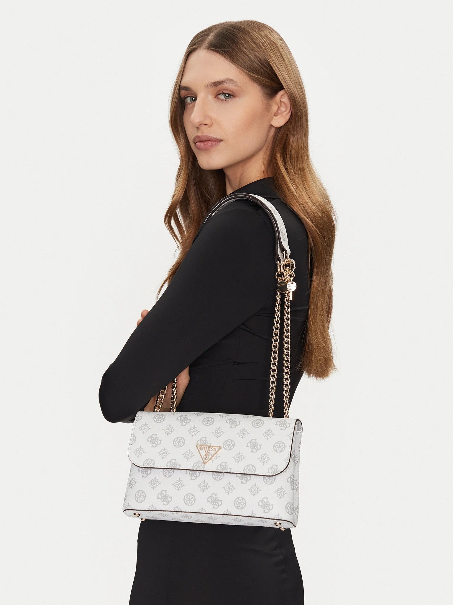 Borsa a tracolla  bianca con stampa logo all-over e catena dorata 