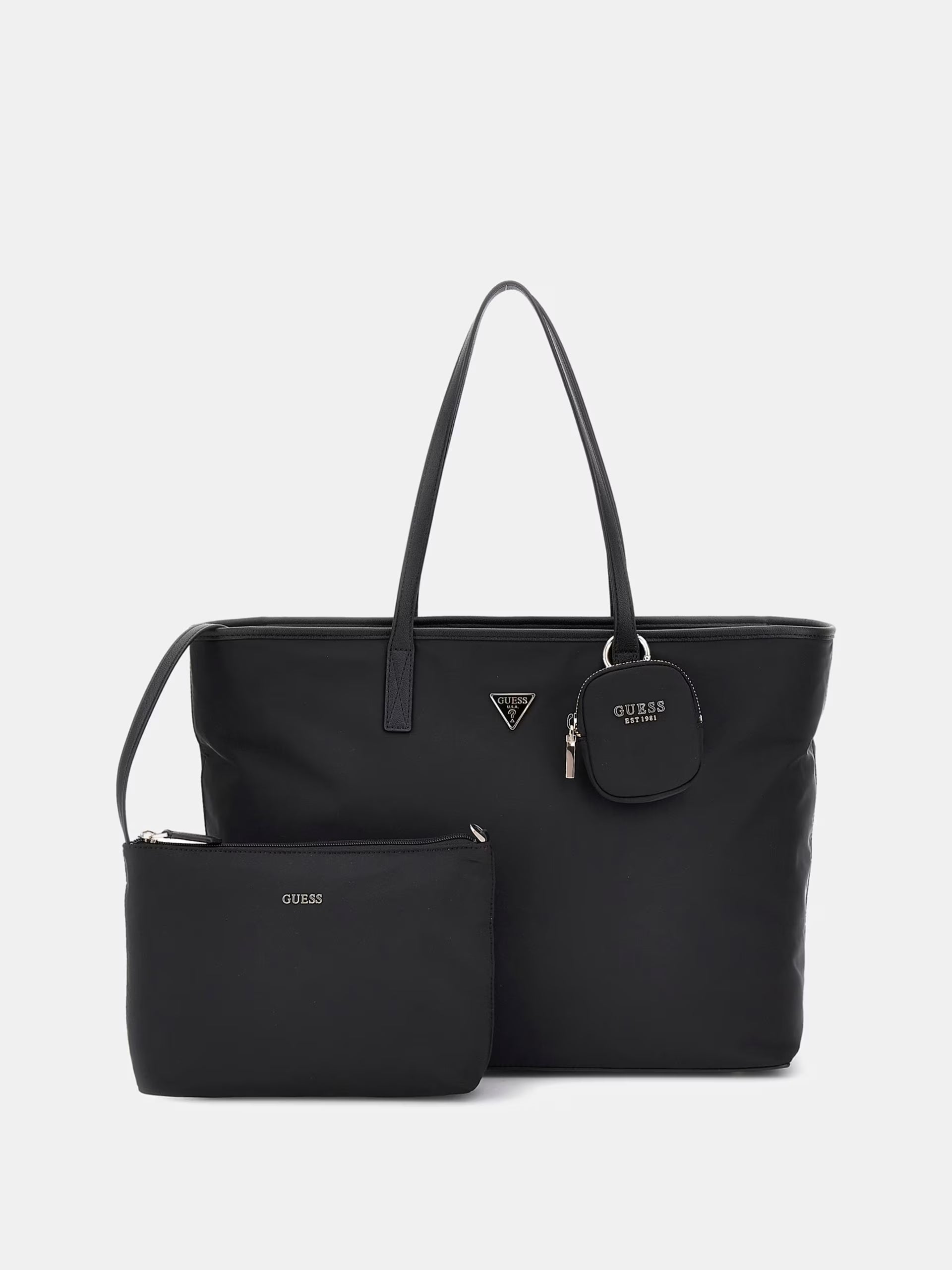 Borsa Guess "Eco Gemma Pochette" tote nera con logo frontale 