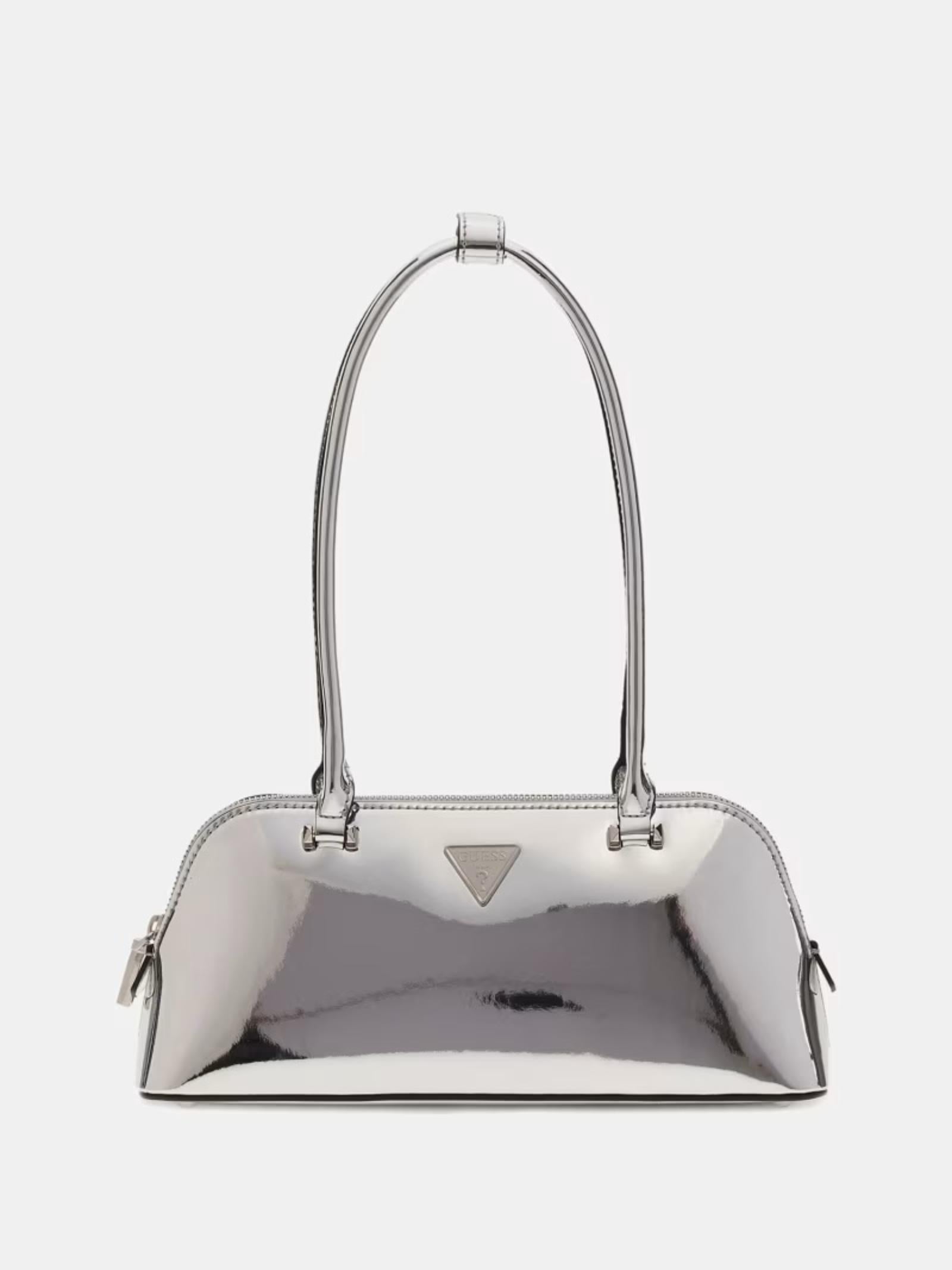 Borsa a spalla "Arnela" argento effetto specchio con logo in metallo 