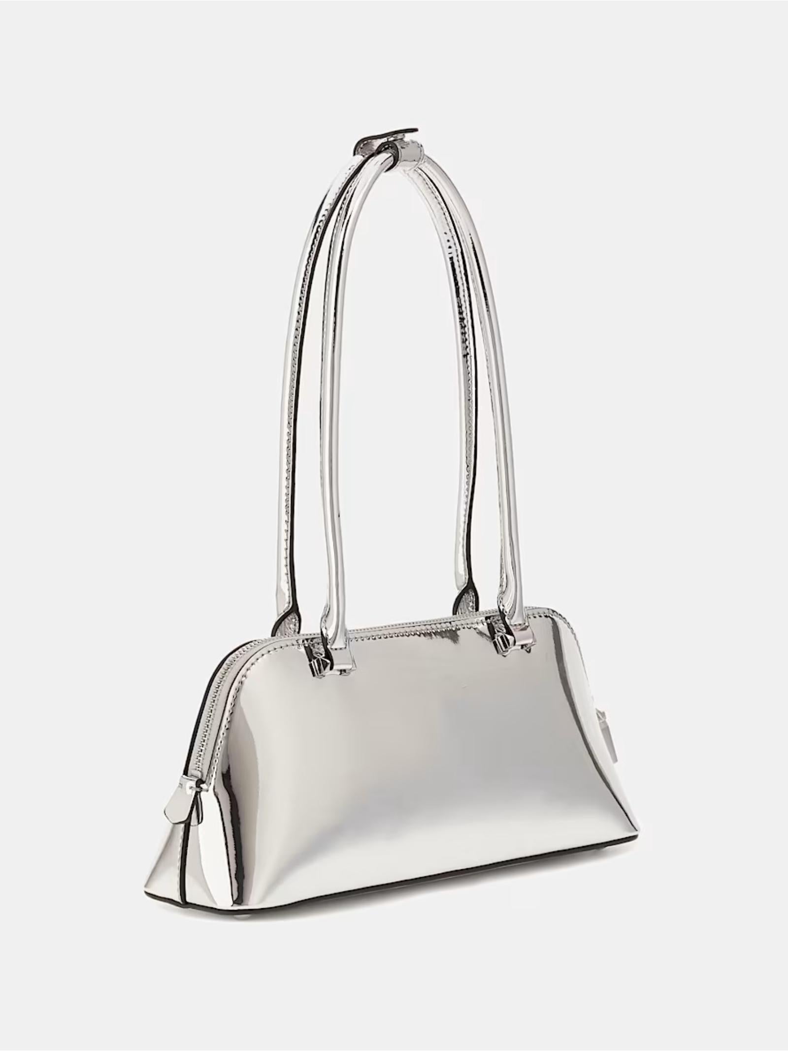 Borsa a spalla "Arnela" argento effetto specchio con logo in metallo 