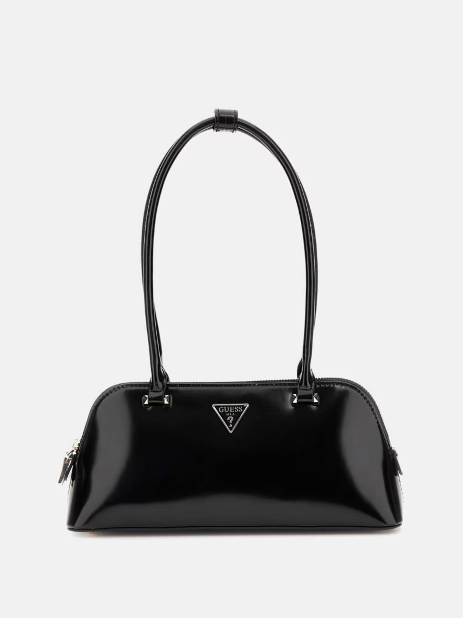 Borsa a spalla Guess "Arnela" in vernice nera con logo in metallo 