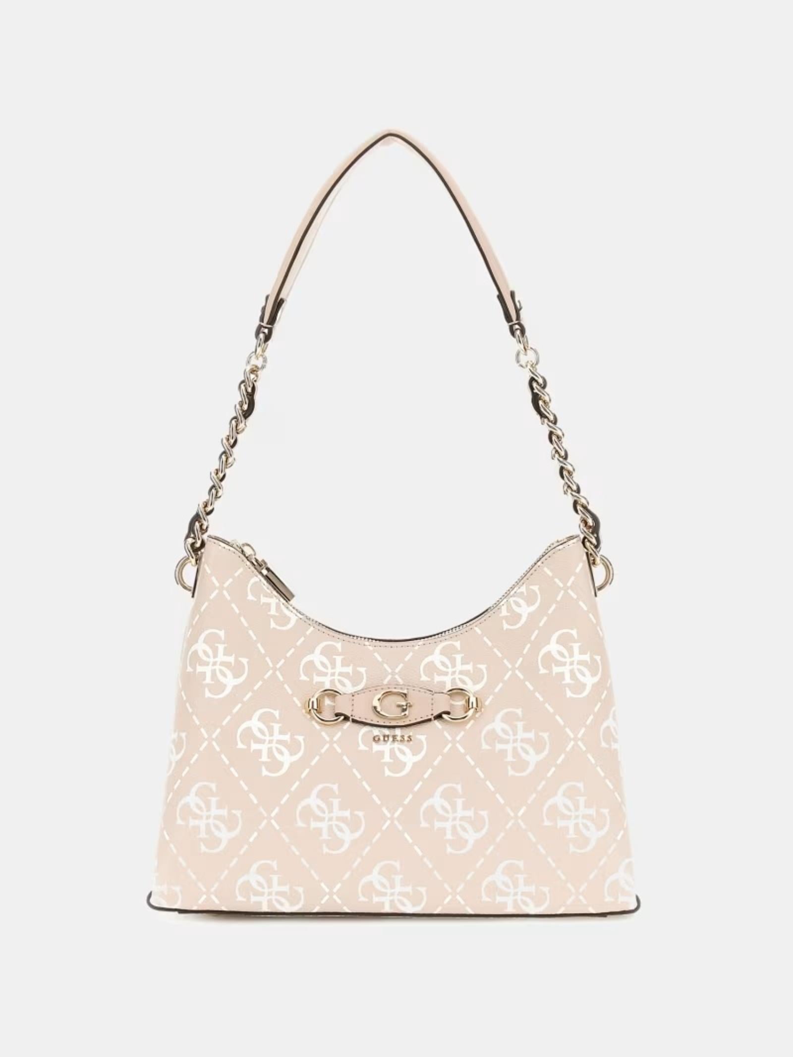 Borsa a spalla Guess "Izzy" beige con stampa 4G logo all over 