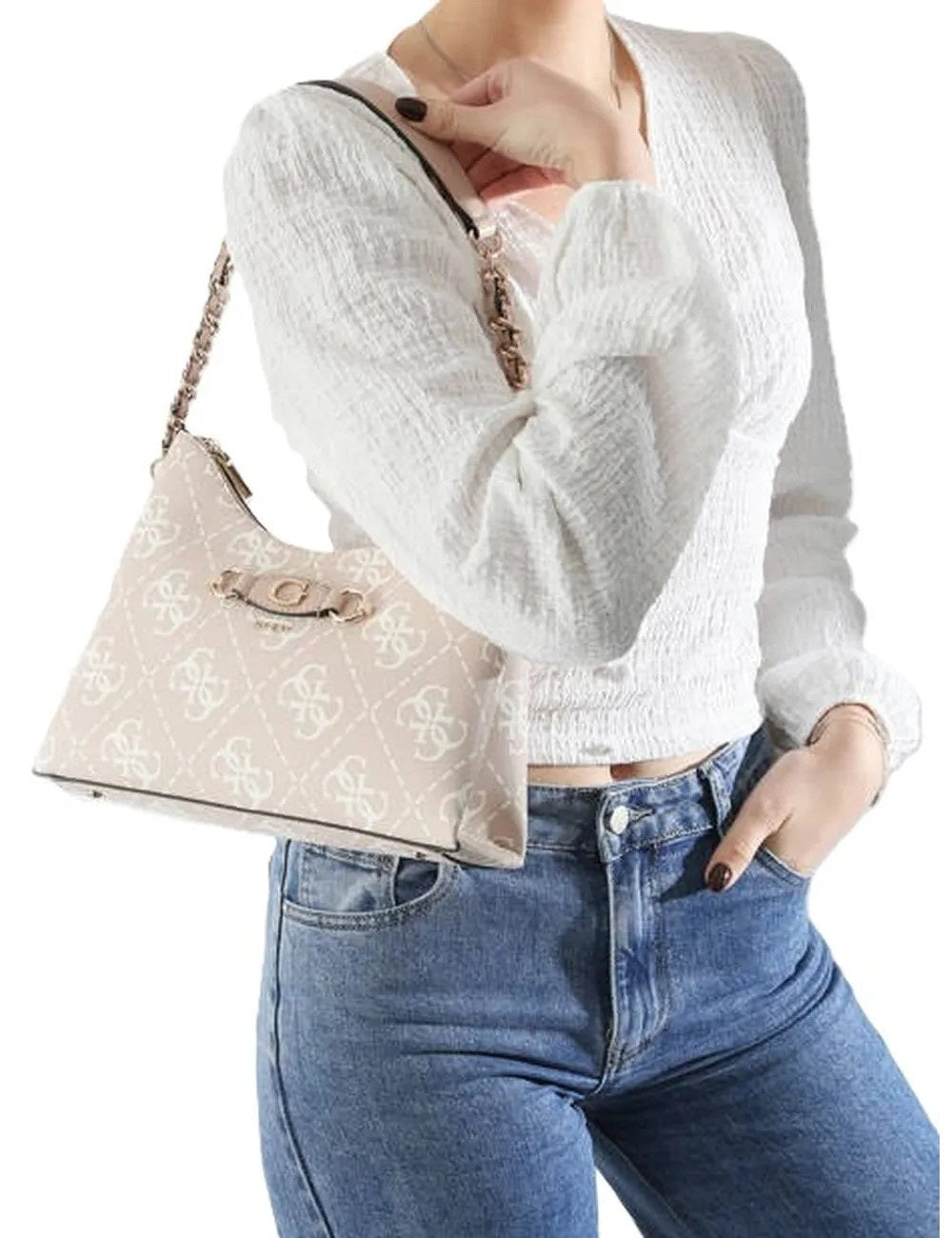 Borsa a spalla Guess "Izzy" beige con stampa 4G logo all over 