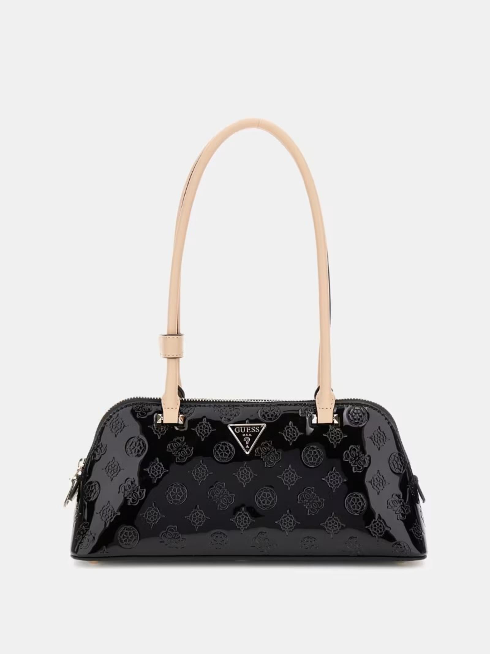 Borsa a spalla Guess "Arnela 4G Logo Peony" nera con manici beige 