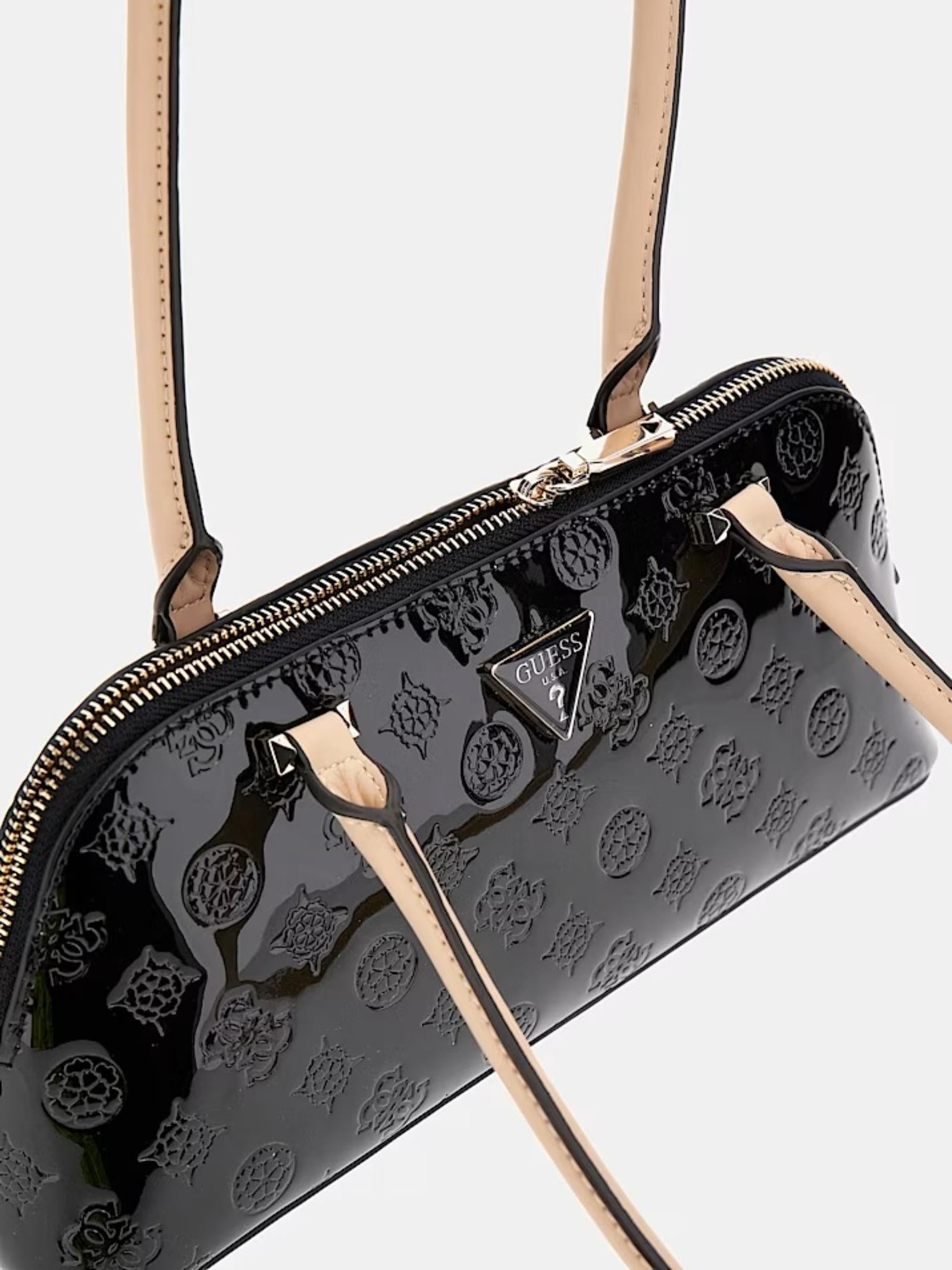 Borsa a spalla Guess "Arnela 4G Logo Peony" nera con manici beige 