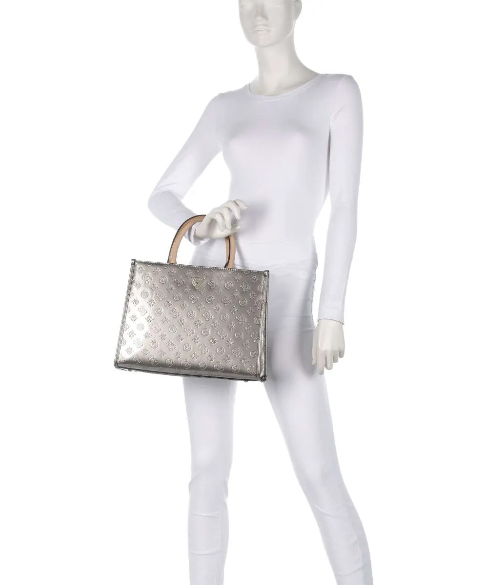 Borsa a mano Guess "Arnela 4G Logo Peony" argento con manici beige 