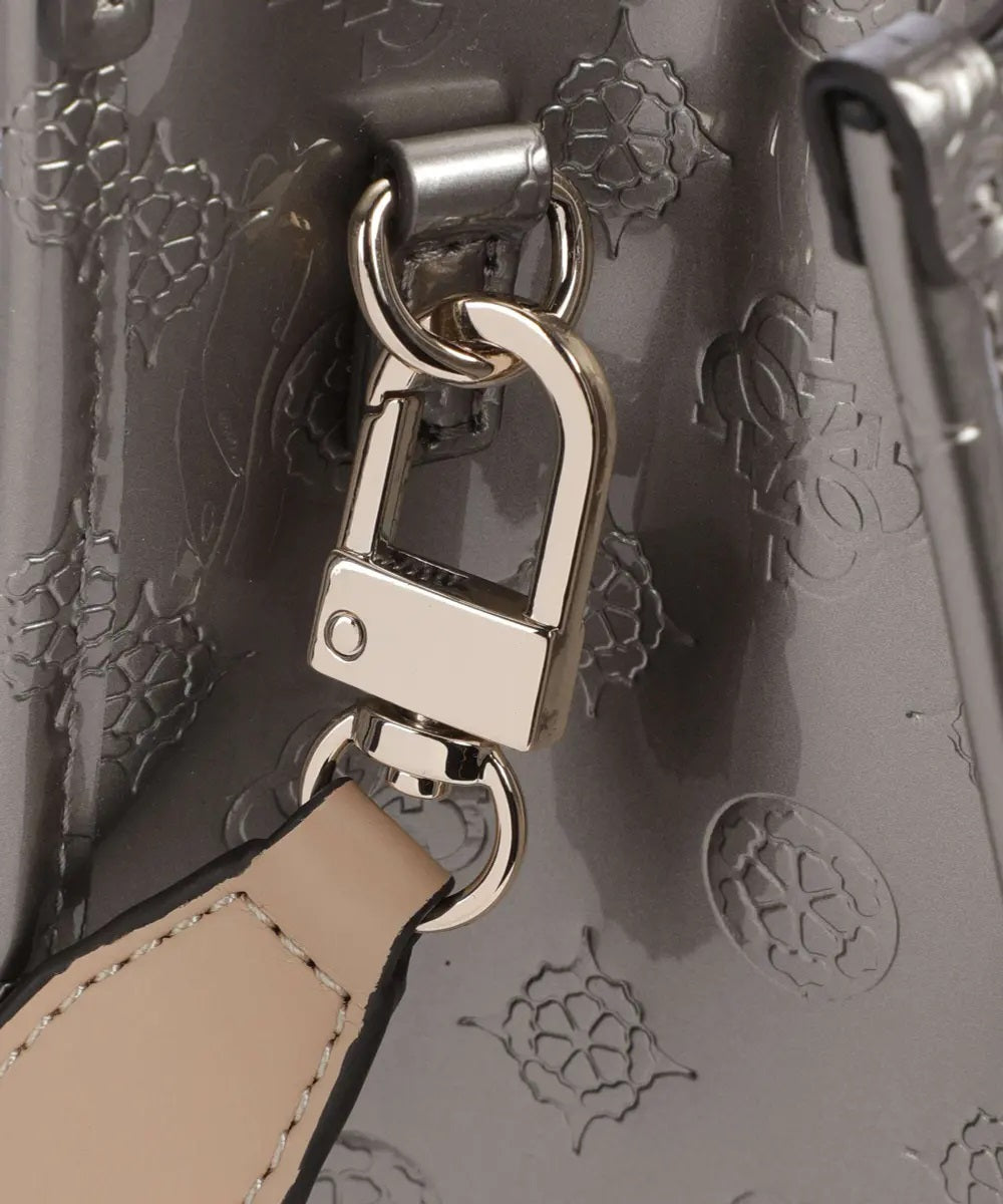 Borsa a mano Guess "Arnela 4G Logo Peony" argento con manici beige 