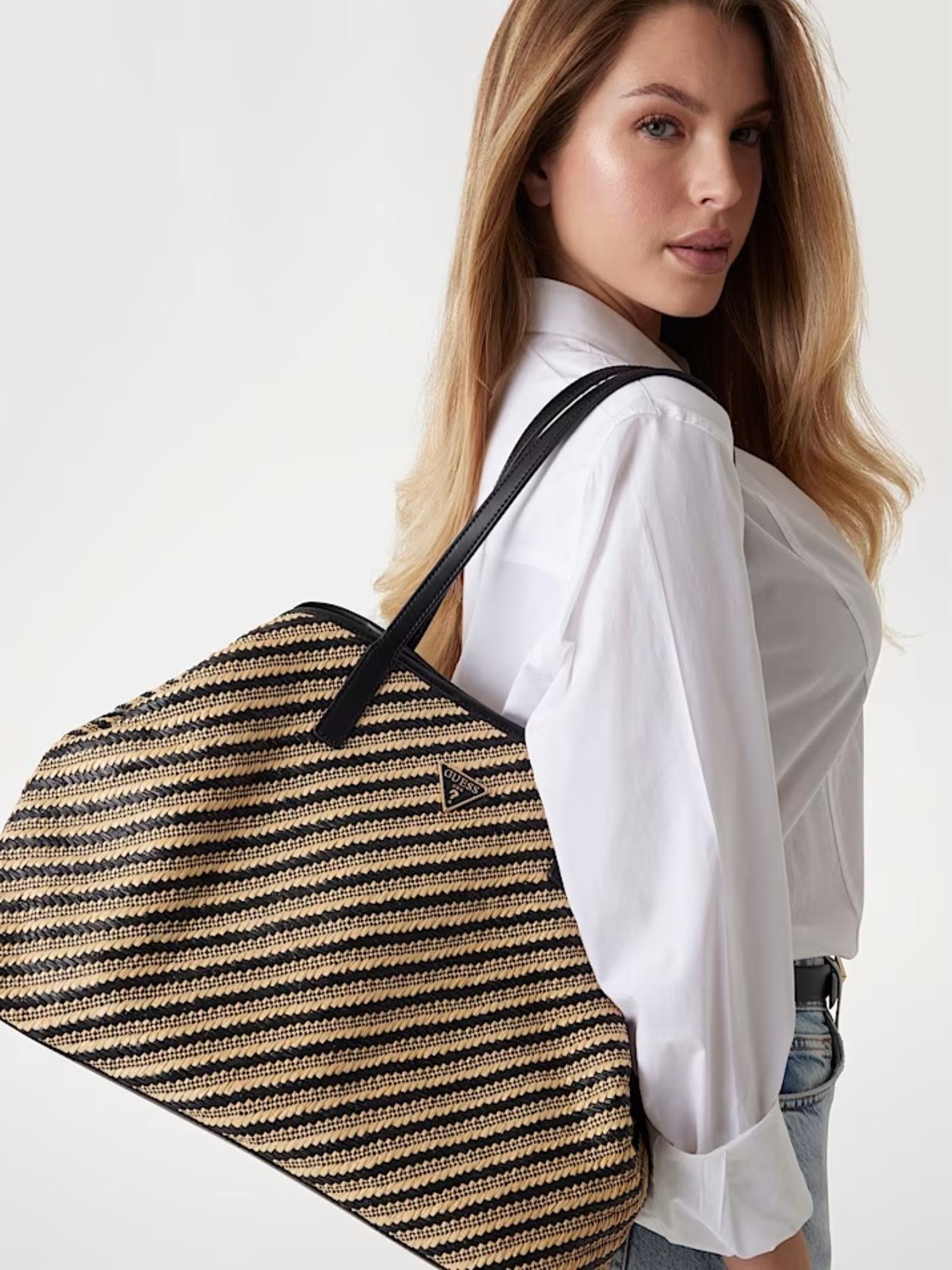 Shopper "Vikky II" maxi in rafia beige e nero con pochette interna 