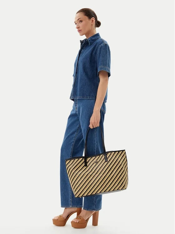 Shopper "Vikky II" maxi in rafia beige e nero con pochette interna 
