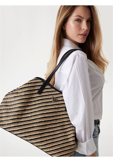Shopper "Vikky II" maxi in rafia beige e nero con pochette interna 