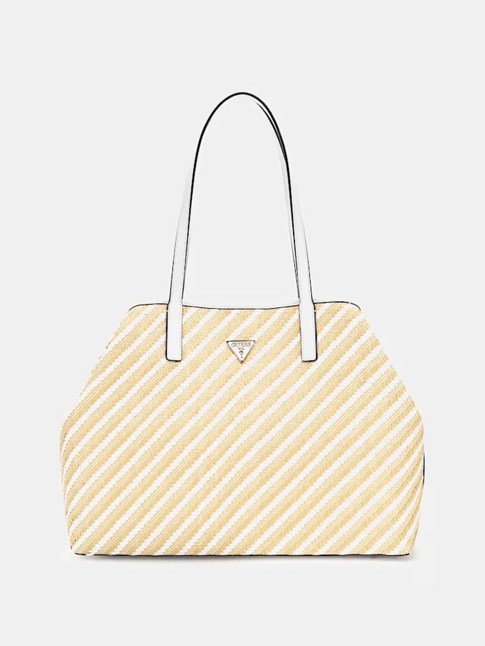 Shopper Guess "Vikky II" maxi in rafia beige e bianco con pochette 