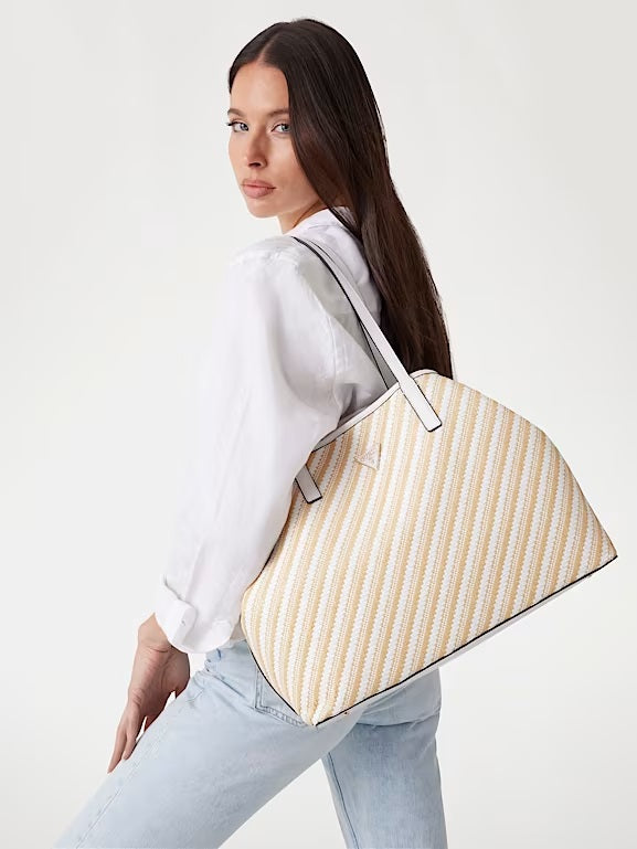 Shopper Guess "Vikky II" maxi in rafia beige e bianco con pochette 