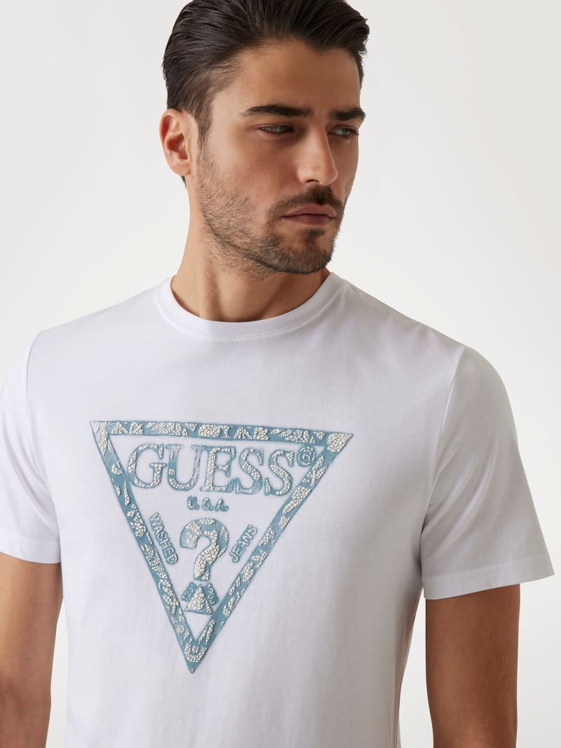 T-shirt "Icon Triangle" Bianca con Logo Azzurro in Stile Paisley 